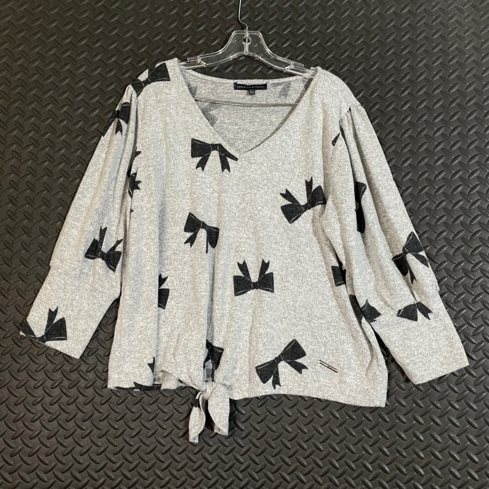 Adrienne Vittadini Light‎ Gray Bow Print Pullover V-Neck Sweater Women's Size XL
